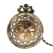 Transparent Bronze/Black Skeleton Manual Mechanical Pocket Watch with FOB Chain