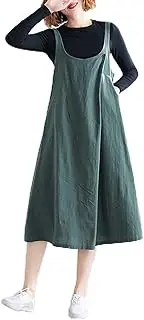 [BBZY] Women Cotton Linen Pinafore Dress Wide Straps Buttoned Chest Pockets Open Back A Line Casual Loose Overall Dress