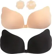 [BDSMYOU] Adhesive Bra Push Up Strapless Bra Push Up Invisible Bra Backless with 1 Pair Nipple Cover, 2 Pieces Silicone Reusable Without Underwire Self-Adhesive Bra for Evening Dress