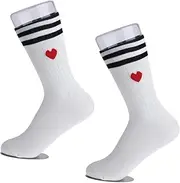 [KkvoGmle] 1 Pair of White Socks, Casual Unisex Cotton Socks with Stripes Heart Motif, One Size, Simple Style Socks, Funny Gifts, Black, White, Red, One Size