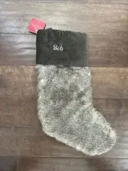 NWT Pottery Barn gray grey Dark Green Cuff Faux Fur Christmas Stocking Mono Bob