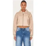 Cream Bleach Detail Faux Leather Cropped Bomber, Cream