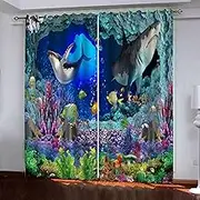 Print Blackout Curtains Underwater Dolphins 2 x W132cm x D160cm 3D Print Window Curtains, Thermal Insulated Darkening Grommet Drapes 2 Panel Set for Living Room Bedroom Kitchen Decor