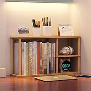 Hbluefat Desktop Organizer Shelf, Solid Wood Desk Bookshelf, Tabletop Small Bookcase, Multipurpose Display Storage Rack for Home Office (Wood)