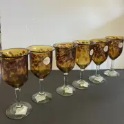 Hand Blown Leopard Amber Glass Tortoise Shell Wine 8” Goblets Set Of 6