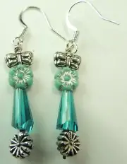 Turquoise Czech Flower Earrings Butterflies & Crystal Handmade Jewelry