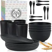 Homienly Wheat Straw Dinnerware Sets, 20pcs Unbreakable Microwave Dishwasher Safe Tableware Lightweight Bowls, Cups, Plates Set Reusable Dinner Plates Bowls set (Matte Black)
