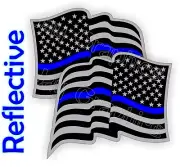 pair REFLECTIVE Thin Blue Line Waving AMERICAN FLAG Vinyl Stickers Decals Flags