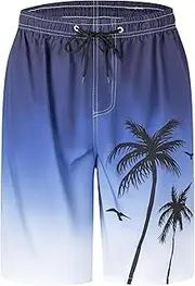 [Yhjoxlp] Mens Swim Trunks Quick Dry Board Shorts with Mesh Lining, Breathable Fit Print Beach Shorts Swimwear Bathing Suits, Navy Gradient Palm, Medium