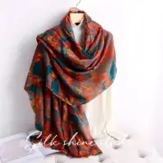 Large 100% Cashmere Art Scarf Shawl - Peacock Blue & Flame Red -Soft Light78*36