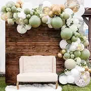Sweet Baby Co. Sage Green Balloon Garland Kit for Neutral Arch with Matte Olive, Taupe, White, Gold Metallic, Confetti Balloons for Shower, Birthday Ballon Wall