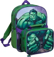 Marvel The Hulk Backpack with Lunch Bag for Kids School Bag 2 Piece Matching Insulated Lunch Set, Green, One Size, Backpack