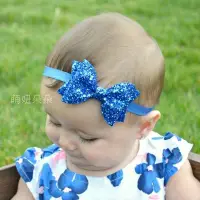 在飛比找Yahoo!奇摩拍賣優惠-♥萌妞朵朵♥寶寶寶藍色亮片大蝴蝶結彈性髮帶 寶寶髮帶 公主髮