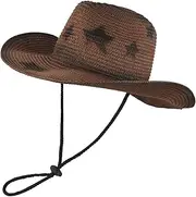 [NICEYEA] Sun Protection Cowboy Hat Spring and Summer Sun Protection Hat Fifth Unique Star Retro Large Brim Beach Sun Protection Windproof Hood Outdoor Sun Hat Unisex