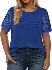 [VISLILY] Womens-Plus-Size-Summer-Tops Dressy Lace Short Sleeve T Shirts Casual Crewneck Blouses Trendy Pleated Tunics XL-5XL