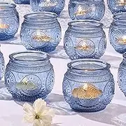 24 Pcs Blue Votive Candle Holders- Glass Tea Light Candle Holders Bulk, Blue Votives Holders for Wedding Table Centerpieces, Bridal Shower Decorations, Baby Shower, Birthday Table Decor