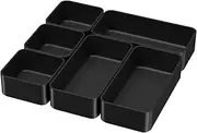 6 Pcs Stackable Drawer Organizer Set Desk Drawer Dividers, Bathroom Vanity Cosmetic Makeup Trays, Multipurpose Clear Plastic Storage Bins for Jewelries, Kitchen Gadgets and Office Accessories, Black
