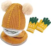 [TYXHXTF] 3 in 1 Children's Winter Hat with Bobble Children's Scarf Winter Scarf Hat Set Girls with Gloves Beanie Knitted Hat, Ivory, Einheitsgröße-6 Monate