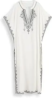 [EDOLYNSA] Moroccan Kaftan Dresses for Women Plus Size Caftans Loungewear Embroidered Beach Kaftan Cover up mumu House Dress