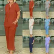 Women's Solid Color Linen Cotton Short Sleeve Top & Pants Set Casual Two Piece
