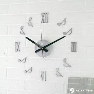創意 立體 壁貼 時鐘 DIY 靜音 掛鐘 音符 羅馬數字造型 金屬金 金屬銀 音樂風格 牆面裝飾 設計 時鐘