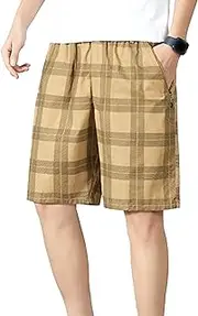 [Aosufei] Men's Plaid Casual Loose Beach Shorts Soft Cotton Drawstring Workout Shorts Elastic Waist Quick Dry Shorts with Pockets
