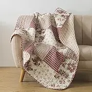 Country Roses 50" x 60" Cotton Quilted Throw Blanket, Pink Patchwork Pieced Throw Quilt for Couch, Lightweight French Country Style Floral Lap Quilt with Red Rose Flower Pattern