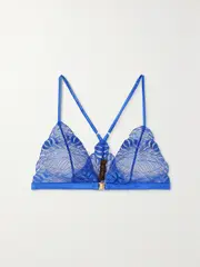[COCO DE MER] COCO DE MER - Frida Satin-trimmed Lace Soft-cup Triangle Bra - Blue - small small Blue