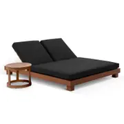 Outdoor Santorini Aluminium Double Sun Lounge In Teak Look With Slide Under Side Table