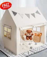 Kids Play Tent with Mat, Star Lights & Windows, Playhouse for 3+ (White)