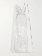 [Jenny Packham] Jenny Packham - Cape-effect Embellished Tulle And Chiffon Gown - White - UK 12 UK 12 White