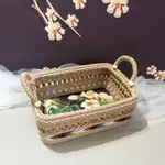 古樸素雅麻繩DIY手工編織提花成品收納筐 復古圓珠油畫風收納籃 家用桌面雙耳收納盒田園零食收納籃 護膚品飾品收納筐