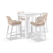 Hugo Ceramic Square Aluminium Bar Table with 4x Hugo Rope Bar Stools White - Cream