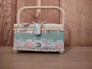 Cloth Sewing Basket Storage Box Organizer Green & Pink Flowers Wicker Trim