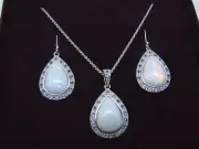 Fire Opal 10X14mm Cabochon B/Topaz Accent Earrings Pendant Set Sterling Silver