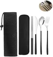 4Pcs Portable Travel Utensils Set，Reusable Stainless Steel Flatware Set for Lunch Travel Camping School Work Picnic (Black)