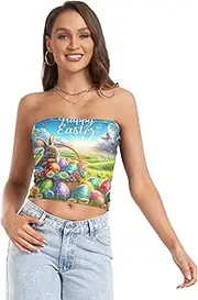 [RPLIFE] Easter Rabbit Colorful Eggs Tube Crop Tops for Women, Trendy Crop Tops, Mesh Tube Tops, Coquette Summer Clothes (S)