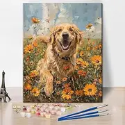TUMOVO DIY Paint by Numbers Golden Retriever Playing, 16"x20" (Frameless) for Adults Canvas & Brushes, Non-Toxic Paints, Waterproof, Unisex, All Seasons, Modern Art Style, Not Foldable