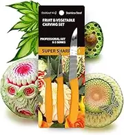 GoldleafKing Super Sharp X-3 Series Professional Art Fruit & Vegetable Carving Set | 3 Knife Set | 2, 2.5, 4.5 Inch Orange Handle | Fruit Carving Tools