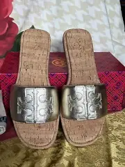 Tory Burch Women’s Leather Double T Sport Slide/Spark Gold/Cork/US 11 M
