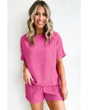 Rose Red Casual Textured Tee and Drawstring Shorts Set - S