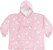 Kids Glow in the Dark Hooded Blanket with Sherpa Lining – Oversized Wearable Blanket with Moon and Star Design (Pink, 8-13)