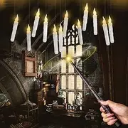 Floating Candles with Wand Remote,12 Pcs Magic Hanging Flickering Flameless Candles,Warm Light Taper LED Candles Christmas Decor,Battery Operated Window Candle Set for Halloween Decorations