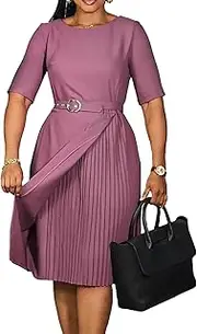[HuiSiFang] Women's Summer Work Dress Elegant Short Sleeve Irregular Pleated Midi Dress with Belt