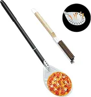 [iklestar] 9 Inch Pizza Turning Peel with Oven Brush & Stone Scraper, Perforated Long Handle Turner Tool for Homemade Baking Pizza, 2PCS Outdoor Pizza Oven Accessories