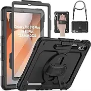 SEYMAC Case for Samsung Galaxy Tab S9 FE+ Plus / S9 Plus 12.4 Inch 2023, Shockproof Tab S9 FE Plus Case with Screen Protector, 360° Rotating Stand/Hand Strap, Shoulder Strap, with Pen Holder, Black