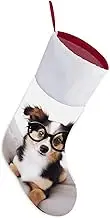 Cute Dog with Glasses Christmas Stocking Soft Plush Large Xmas Stockings Fireplace Hanging Stockings 16.5 Inch Christmas Decorations for Family Holiday Xmas Party Decor