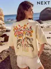 Buttermilk Summer Slogan Graphic Embroided Short Sleeve 100% Cotton Sweatshirt T-Shirt (AF5812) | $30