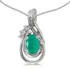 10k White Gold Oval Emerald And Diamond Teardrop Pendant with 16" Chain