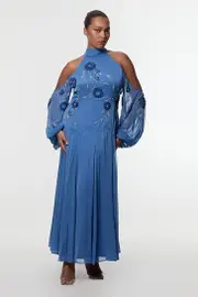 Plus Size Cold Shoulder 3D Floral Applique Woven Maxi Dress